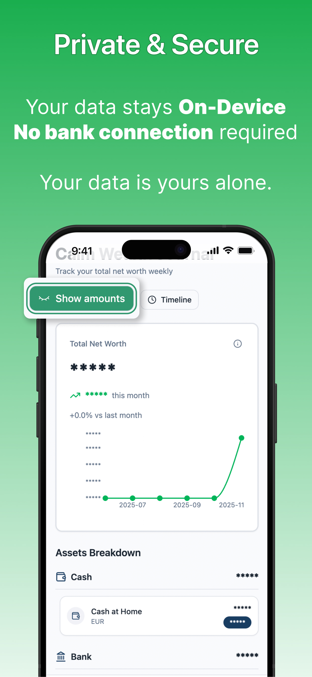 Calm Wealth Journey - Dashboard view showing total net worth